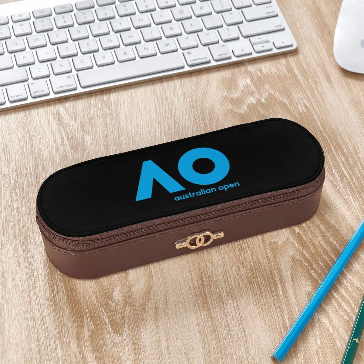 Australian Open AO (Blue Version) Leather Pencil Case Pen Holder Storage Stationery Supplies Pen Box Pencil Bag for
