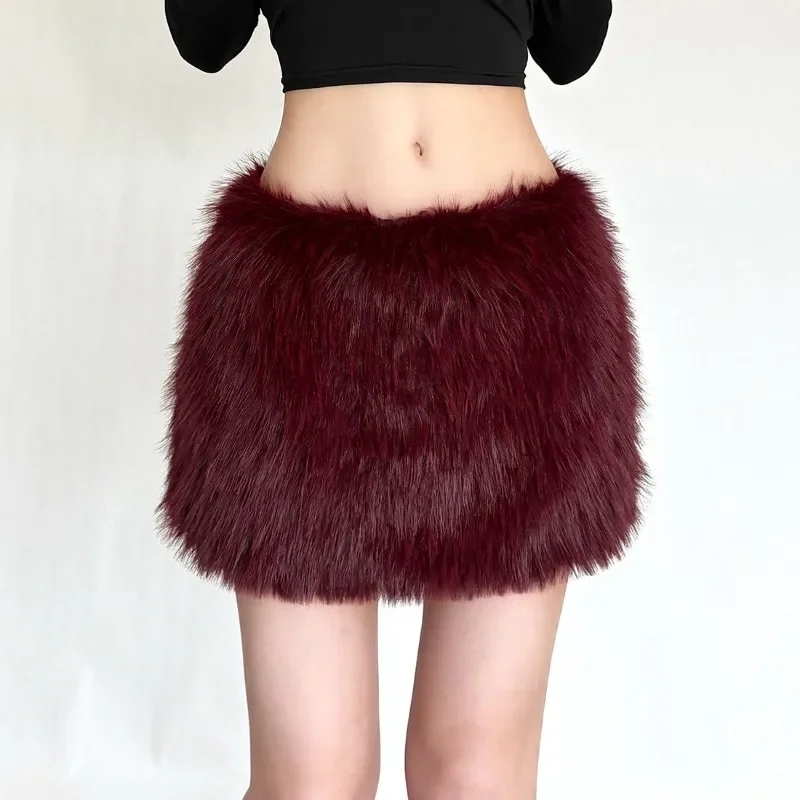 

Winter Fashion High Waist Furry Skirt for Spicy Girl Stylish Slim Short Bodycon Skirt with Belt Women's Chic Burgundy Skirts