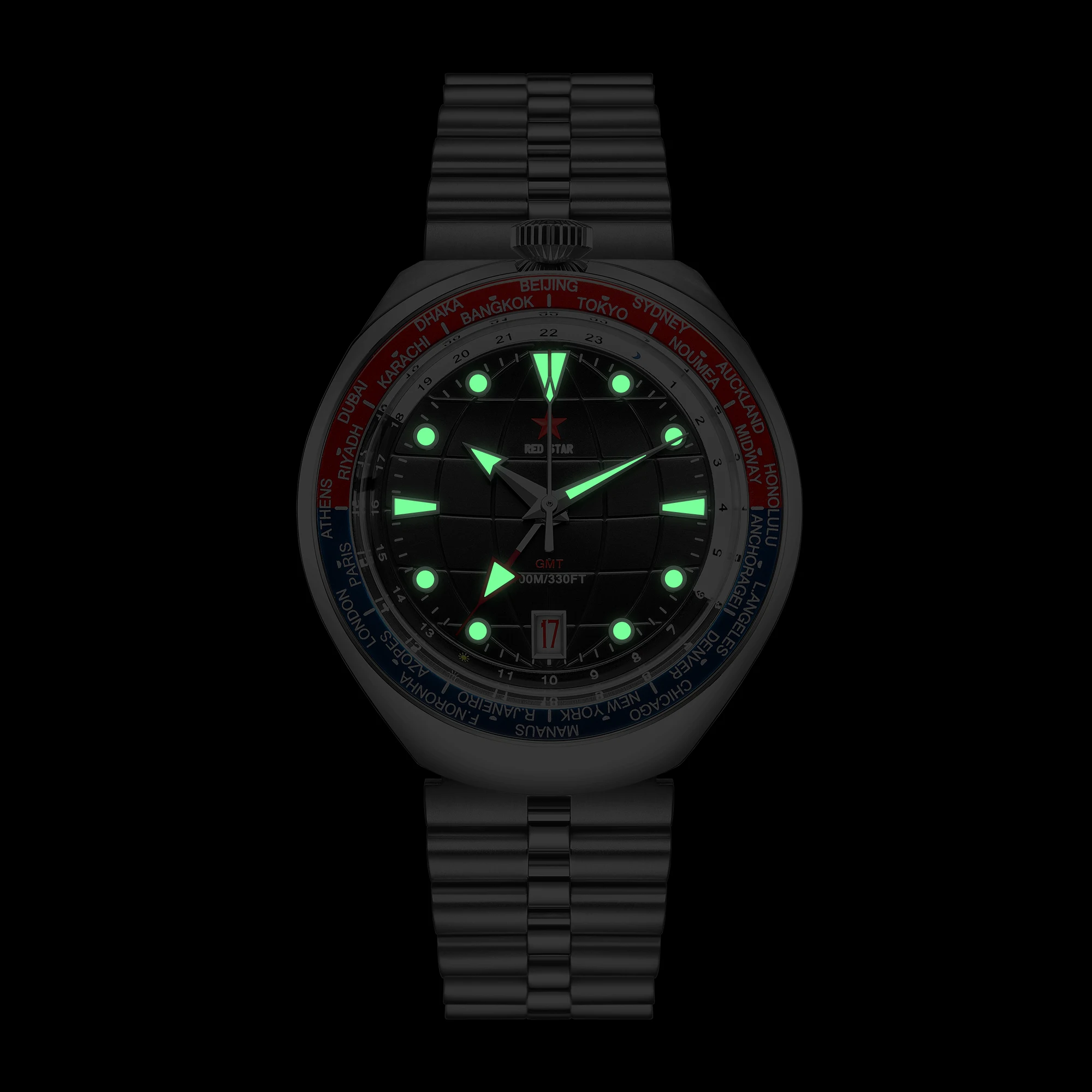 RED STAR Bull Head 42mm Men GMT4 100m Diving Automatic Mechanical Watch 1963 Dual Time Zone Luminous Waterproof Watches