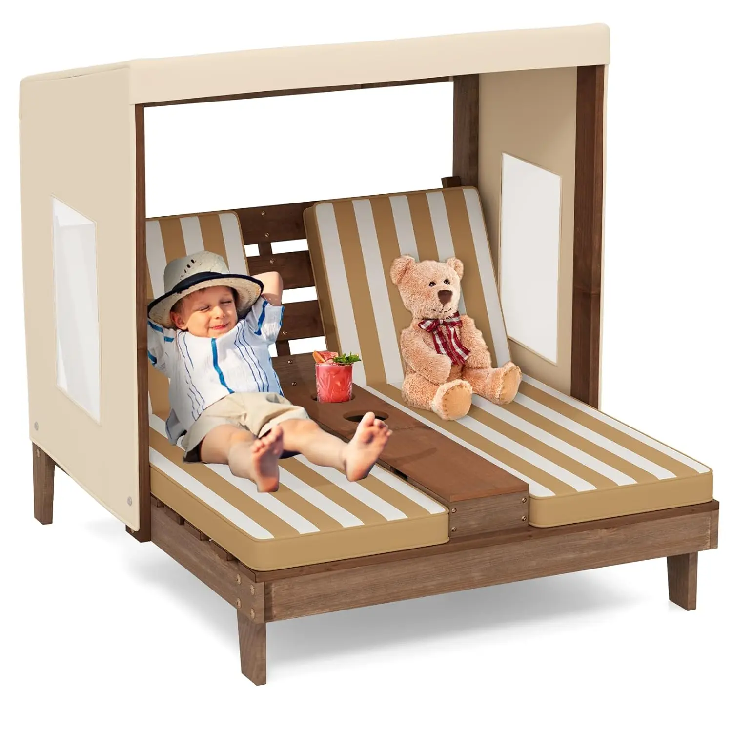 

Wood Double Chaise Canopy Cushion Cup Holder Kids Outdoor Patio 3-8Y, Customized