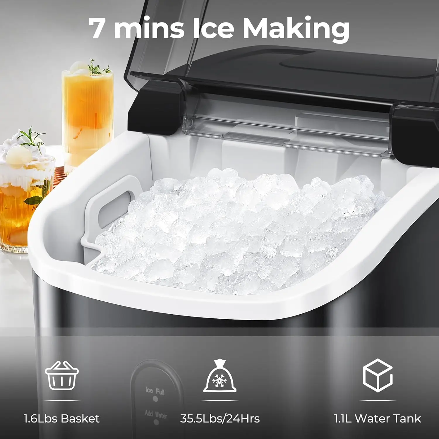 Encimera para hacer hielo con hielo de pellets masticable suave, Fabricación de hielo de 7 minutos, 35,5 libras/24 horas, Máquina para hacer hielo con guijarros con auto