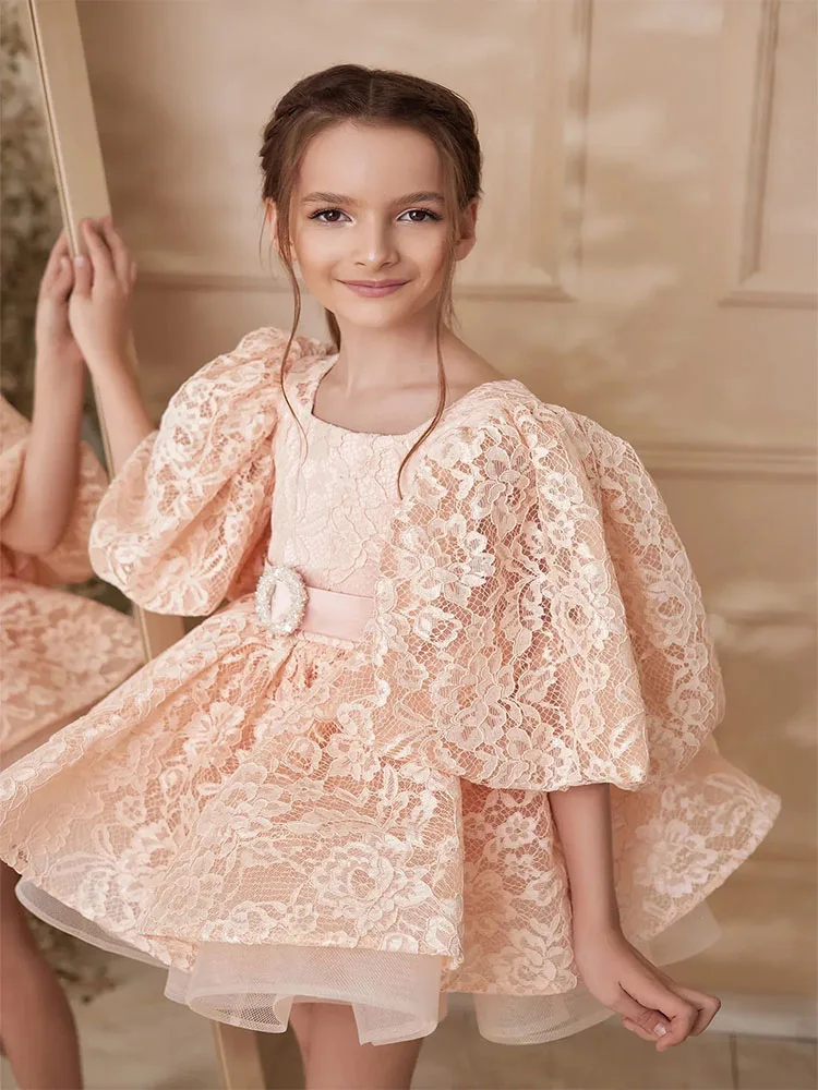 Pink Milk Lace Flower Girl Dresses for Wedding Knee Length Elegant Baby Kids Birthday Gowns for Party First Holy Communion Gown