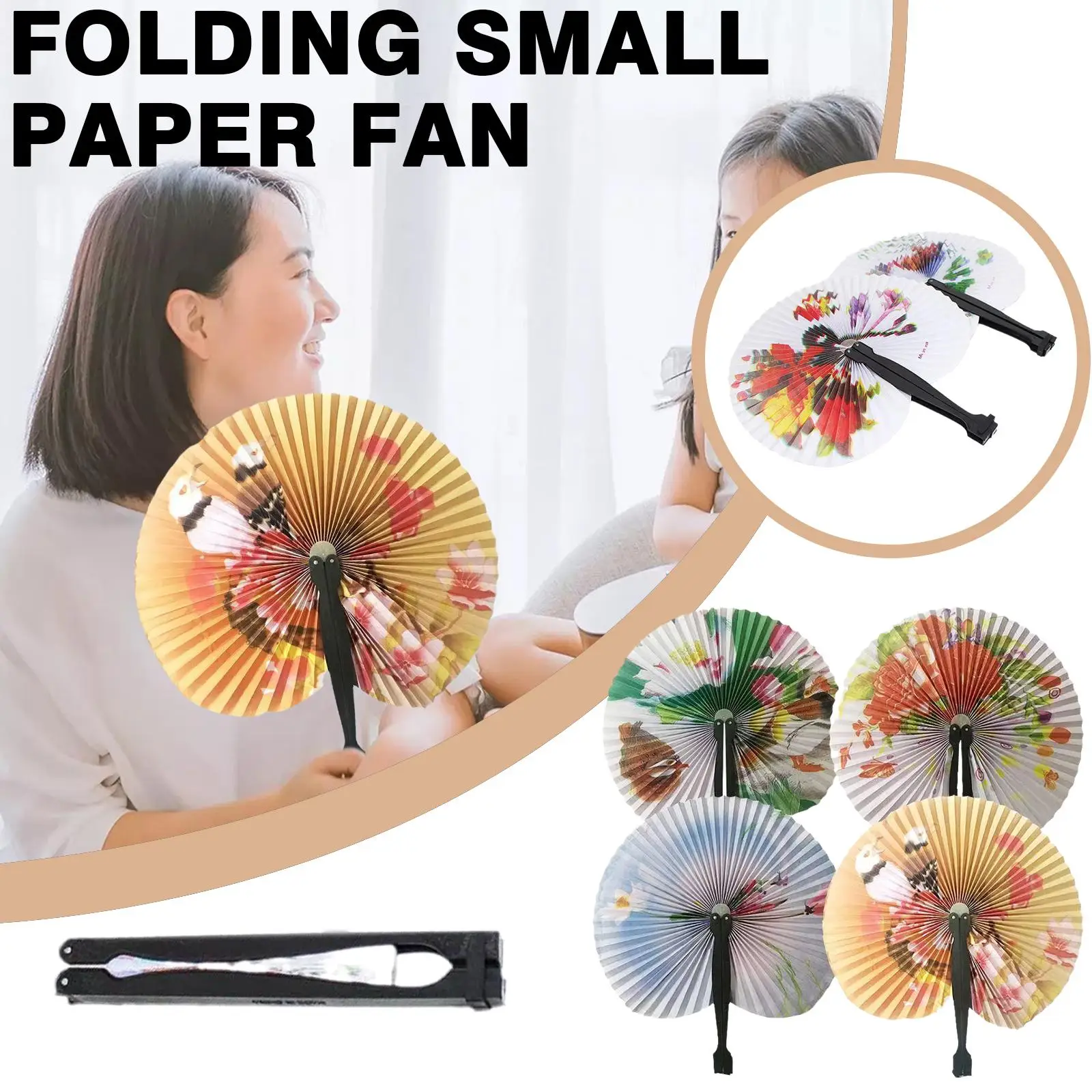 Retro  Printed Small Round Paper Fan  Chinese Style Folding Hand Fan  Female Handheld Fan  Decorative Gift