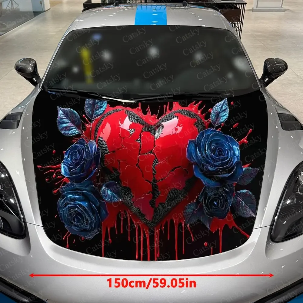 Cracked Bleeding Heart & Dark Blue Rose Cluster Car Vinyl Wrap, PVC Material Waterproof Car Hood Sticker, Self-Adhesive Scratch-