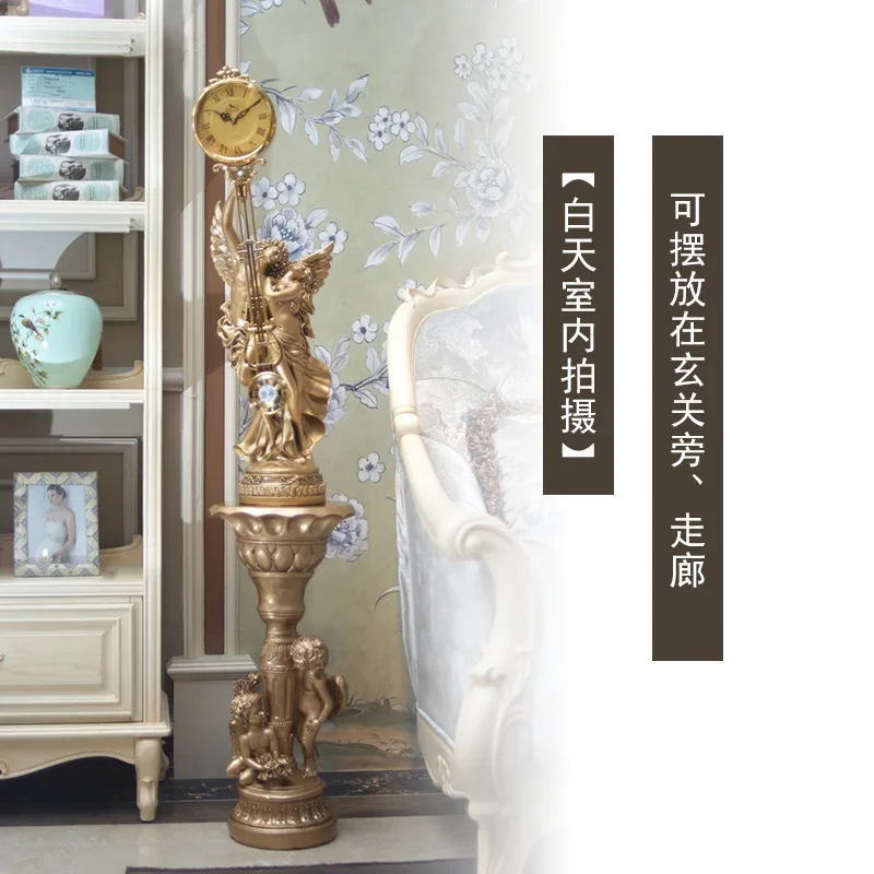 European retro floor clock, living room angel vertical luxury atmospheric decoration, swinging big clock next to home TV cabinet