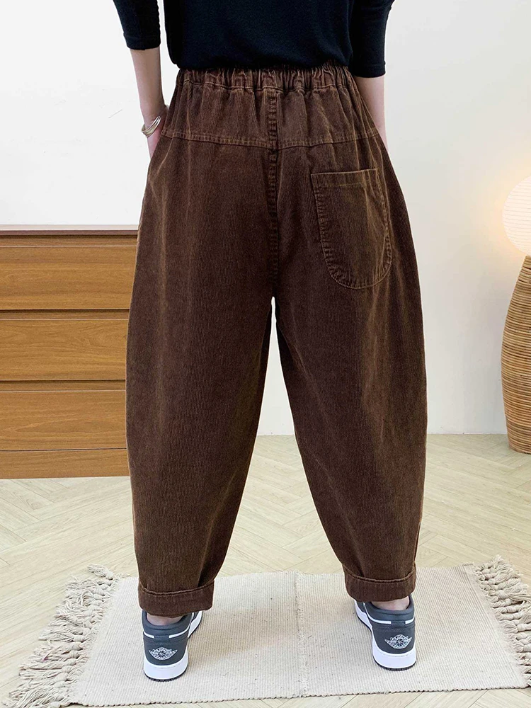 Amax LuluE Designer Womens Autumn Fashion Corduroy Harem Pants 2025 Ladies Leisure Vintage Elastic Waist Solid Fitness Trousers