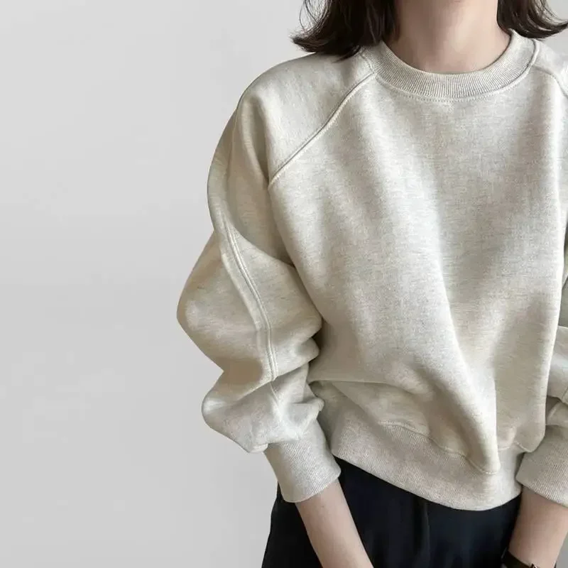 

Pop Oversized Long Sleeve Fleece Lined Hoodie Women's Casual Loose Batwing Sleeve Oats Color Round Neck Pullover Streetwear Top