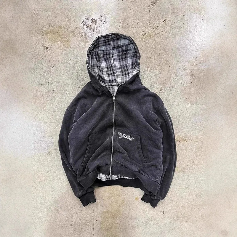 Reversible Plaid American Retro Zipper Hoodie Sweatshirt Mens Womens Casual Plaid Sweatshirt Solid Color Lining Y2K Street Style