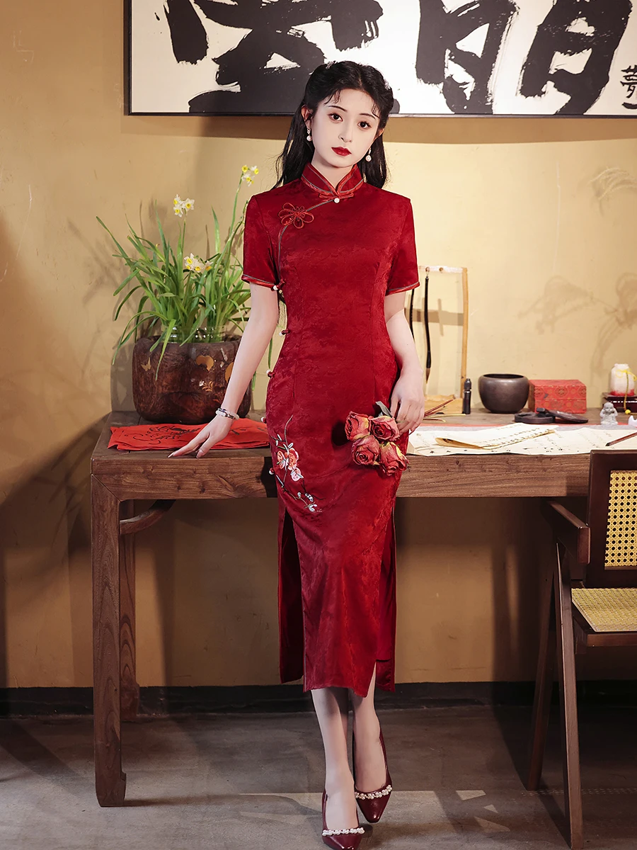 

Red Cheongsam New Chinese Style Slim Fit College Entrance Examination for Moms Summer Toast Clothing