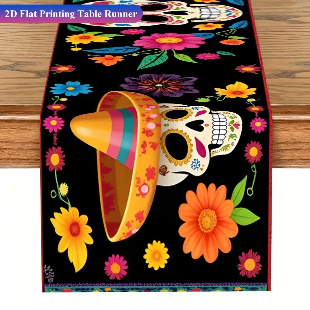 Day Of The Dead Sombrero Sugar Skull Floral Table Runner Mexican Halloween Indoor Kitchen Sideboard Holiday Table Decor Supply view 6
