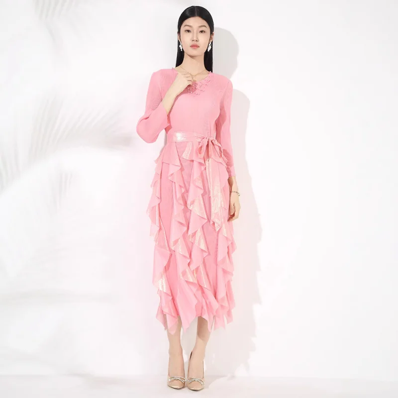 MIYAKE الراقية مزاجه نمط جديد كشكش حافة تصميم الخصر cinching الدانتيل يصل حجم كبير فستان متوسط الطول [ 20252068 ]