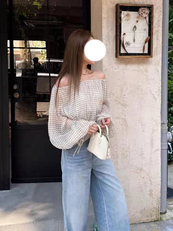 

Elegant Retro Polka Dot One Shoulder Long Sleeve Women's Shirt Autumn New Style Super Beautiful Anti Aging Luxury Shirt