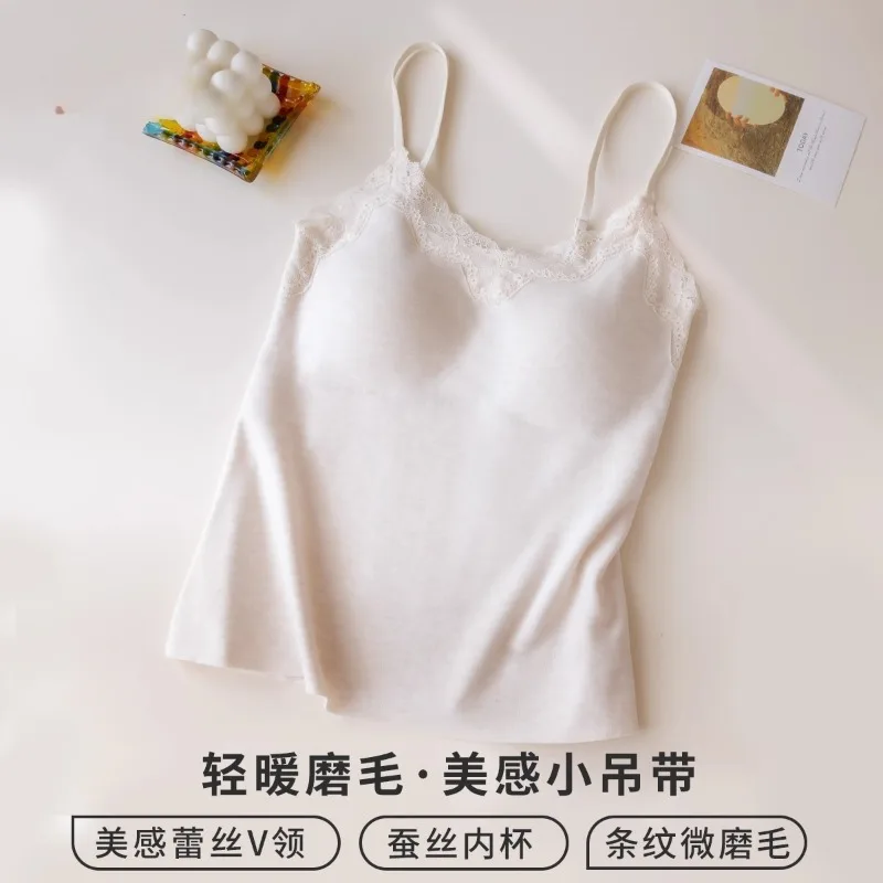 قميص علوي أنيق مزين بالدانتيل، قميص داخلي حراري للنساء مع حمالة صدر مدمجة، بطانة من الصوف الناعم، طبقة أساسية M-L مثيرة