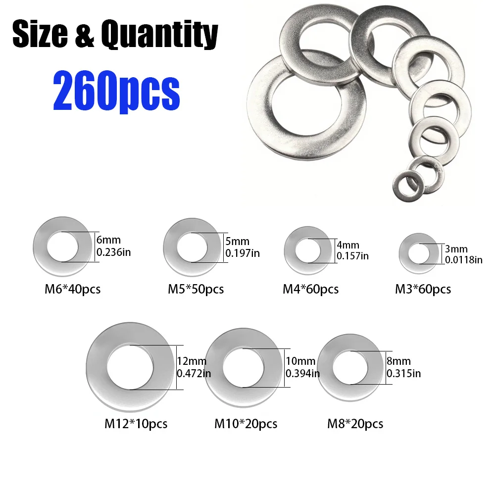 260-piece stainless steel flat washer set M3 M4 M5 M6 M8 M10 M12, for home, kitchen, shop and outdoor building maintenance.
