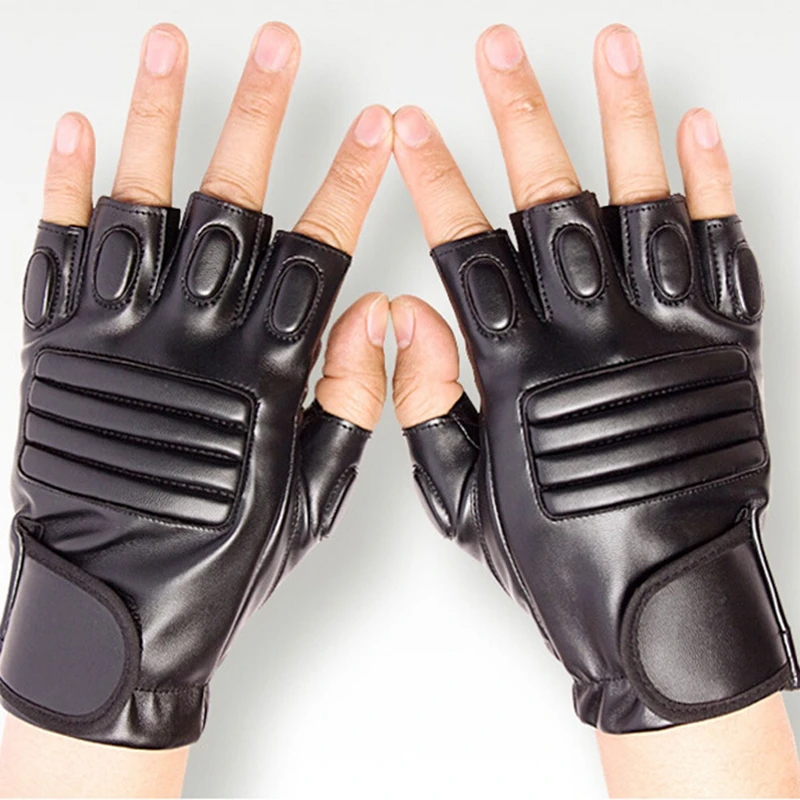 1pair Men Half Finger Black Washable PU Leather Tactical Gym Fighting Glove Climbing Sport Fitness Cycling Mitten