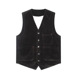 Men Japanese Streetwear Retro Fashion Loose Casual Corduroy Suit Vest Sleeveless Jacket Unisex Pure Cotton Waistcoat Cowboy Vest