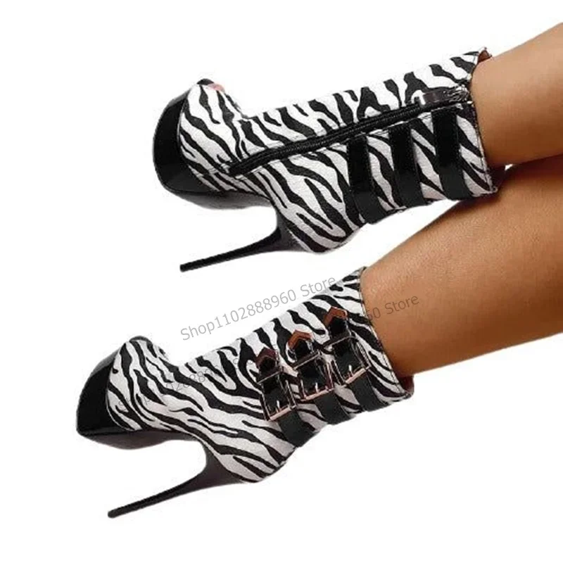 

Stylish Mid Calf Platform Zebra Print Belt Buckle Boots Thin High Heel Women Shoes Side Zipper Peep Toe 2025 Zapatos Para Mujere