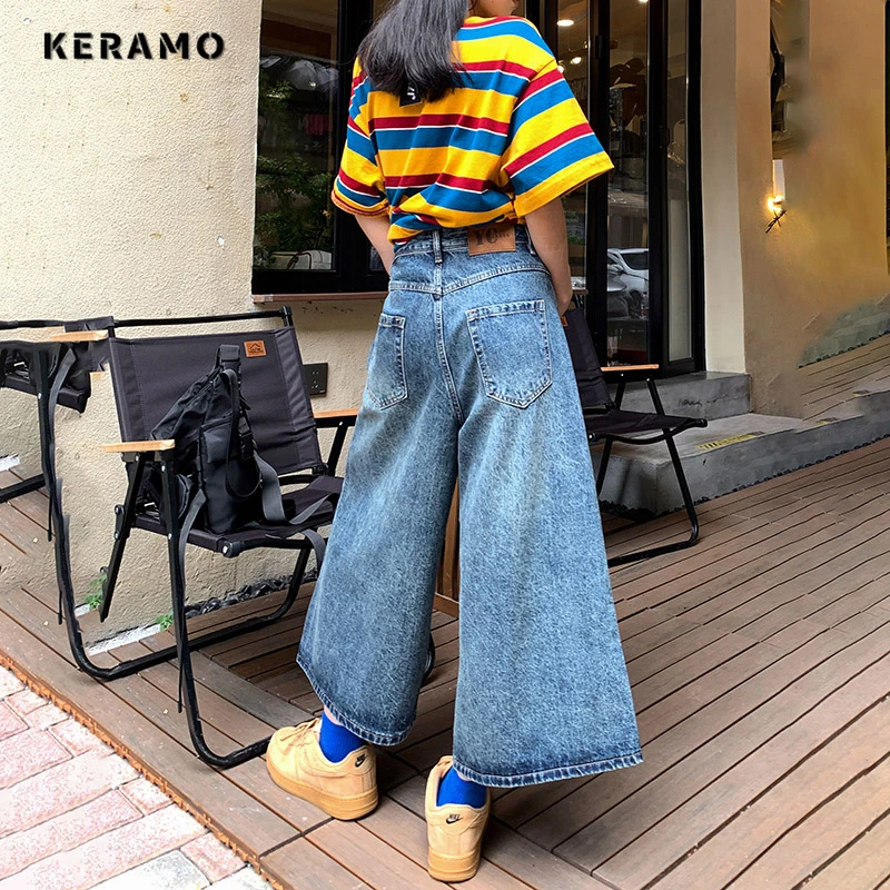 American Retro High Waist Calf-Length Pants Women Casual Baggy Pocket Y2K Pants Wide Leg Grunge Streetwear Solid Denim Trouser