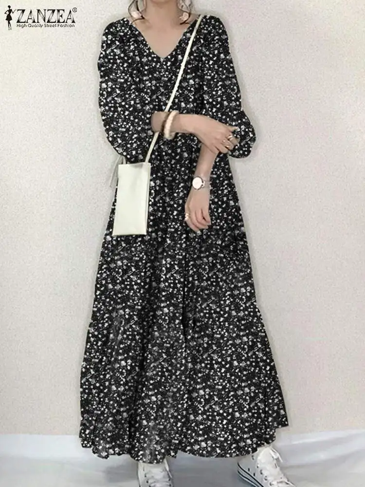 ZANZEA-Robe maxi surdimensionnée à manches longues et col en V pour femmes, robe d'été bohème vintage, robe imprimée florale, mode de vacances, été