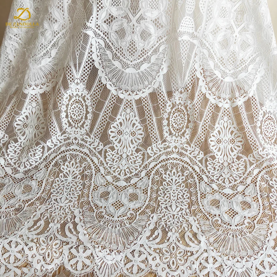 3 yards White French eyelash lace fabric with patterned flowers embroidered For bridal wedding dresses accessories Width 59”