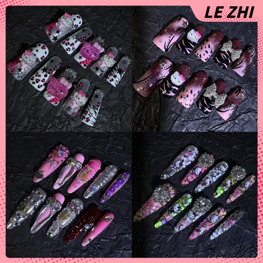 

Y2K Hello Kitty Handmade Long Coffin Stilettos Duckbill Press On Nails Spicy Girl Leopard Print Diamond Pearl Nail Party Sticker