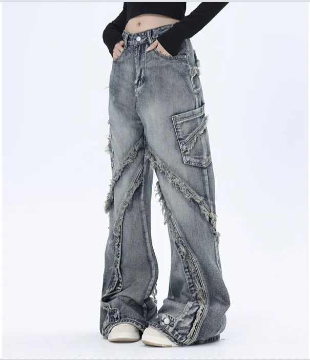 Wide Leg  Jeans Women Denim Pants Spliced Rough Selvedge Y2k Pants Vintage Lace-up Jeans Streetwear Fashion Trousers