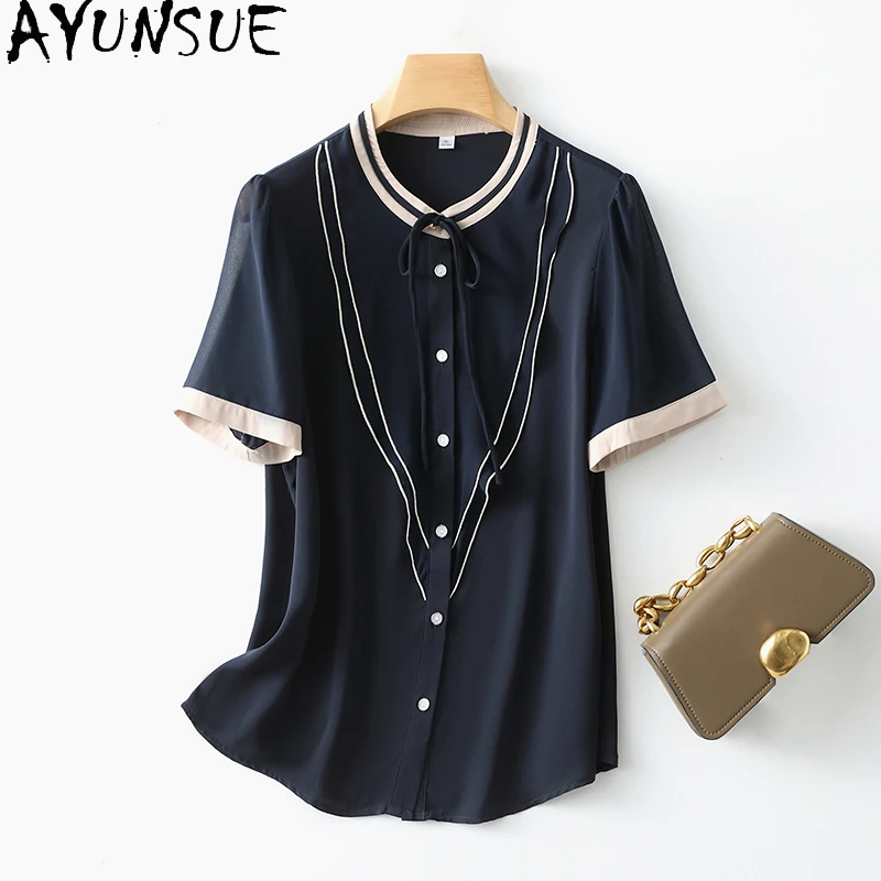 

AYUNSUE 92.8% Real Mulberry Silk Shirt Women New 2024 Womens Summer Clothes Blue Ribbon Shirts Blouses Personality Short Tops