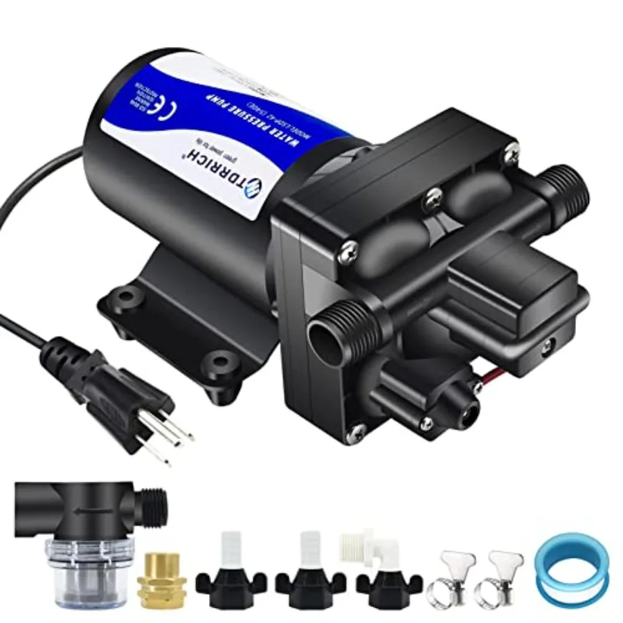 

RV water transfer pump for home, boat, yacht, lawn, camper, pool, irrigation; diaphragm; black; 5.5GPM 75PSI self-priming elect