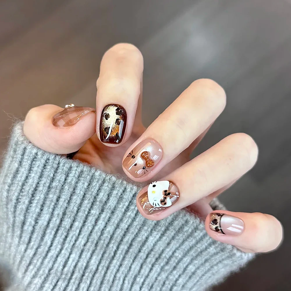 3D Cute Hello Kitty Art Nail Decals Y2K Autumn/Winter Brown KT Cat/pentagram Heart/Daisy Design Nails Stickers DIY Manicure Deco