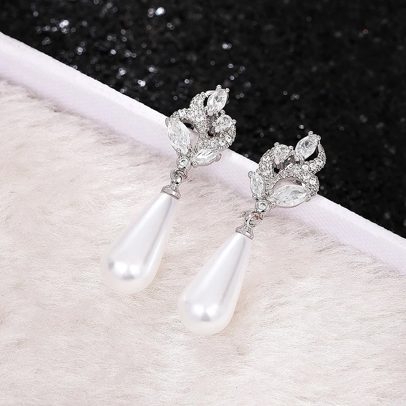 Huitan Aesthetic Imitation Pearl Dangle Earrings for Women Brilliant Cubic Zircon Luxury Female Wedding Earrings Fashion Jewelry