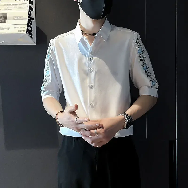 

Black Male Shirts Half Sleeve White Floral Print Designer Tops Vintage Sale High Quality Luxury Silk New in Original Men's Shirt