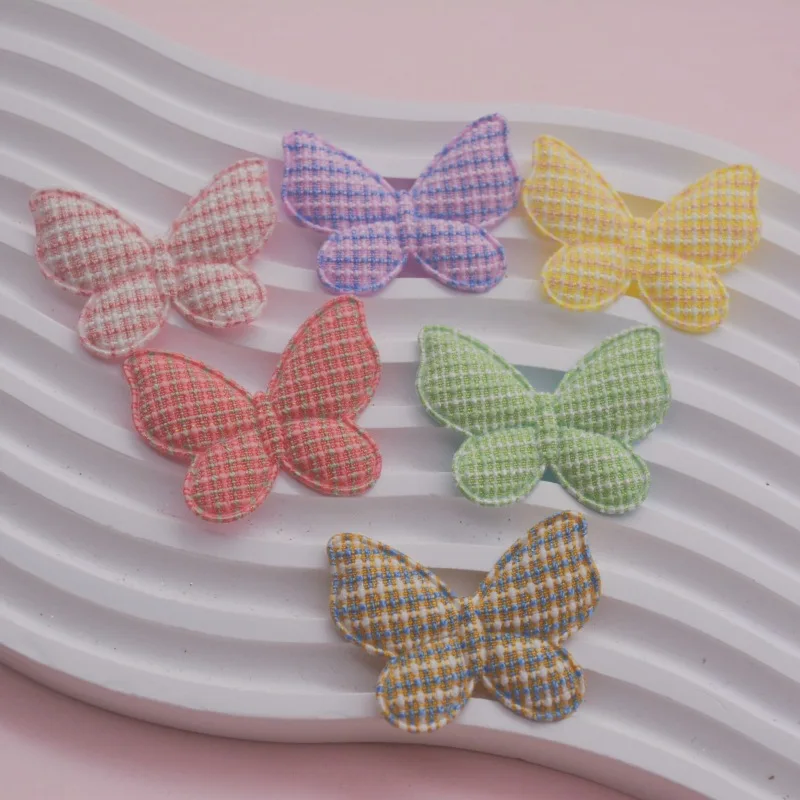 48Pcs 4.3x3.5CM Lattice Fabric Butterfly Padded  Appliques For DIY Hair Clip Accessories Garment Headwear Decor Patches