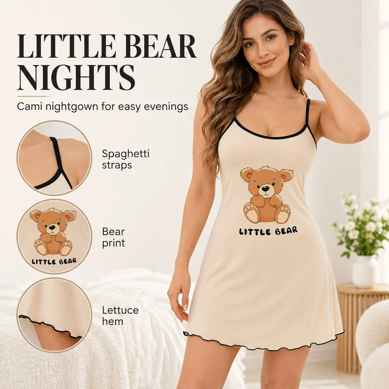Women's Little Bear Print Cami Nightgown Spaghetti Strap Sleep Dress with Contrast Trim and Lettuce Hem Summer Loungewear S-XL