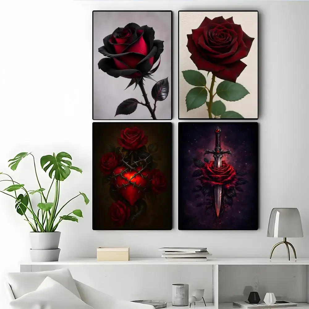 Art Red Rose and Barbed Wire Poster Poster Self-adhesive Art Waterproof Paper Sticker Coffee House Bar Room Wall Decor
