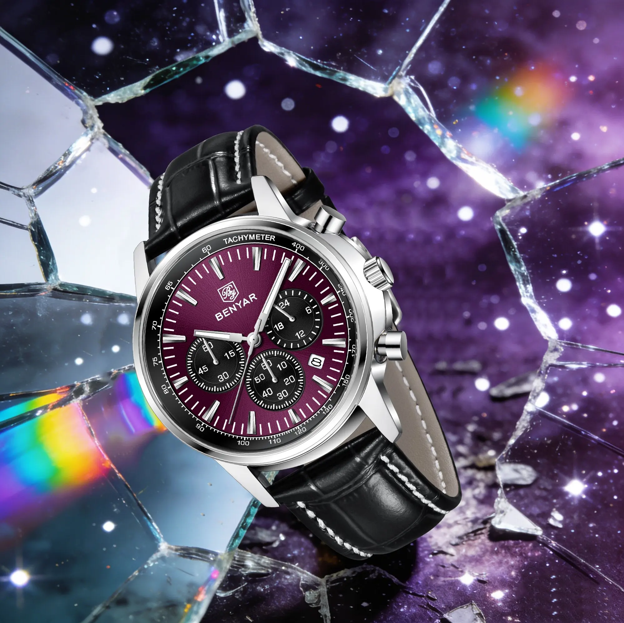 BENYAR Exclusive Luxury Men's Quartz Watch Private Custom Leather Strap Hardlex Small Tachymeter 5Bar Dive Luminous Chronograph