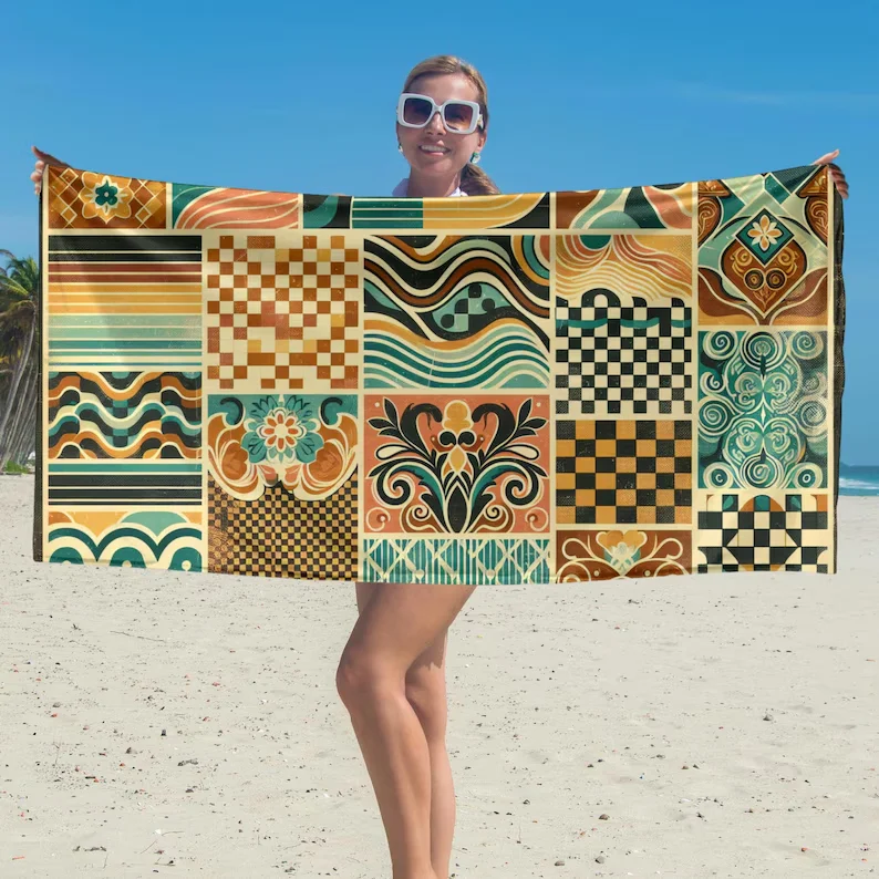 Vibes Beach Towel Embrace The Summer of Love Bold Peace Sign Amidst Floral Pattern. Flower Power Spirit of Woodstock