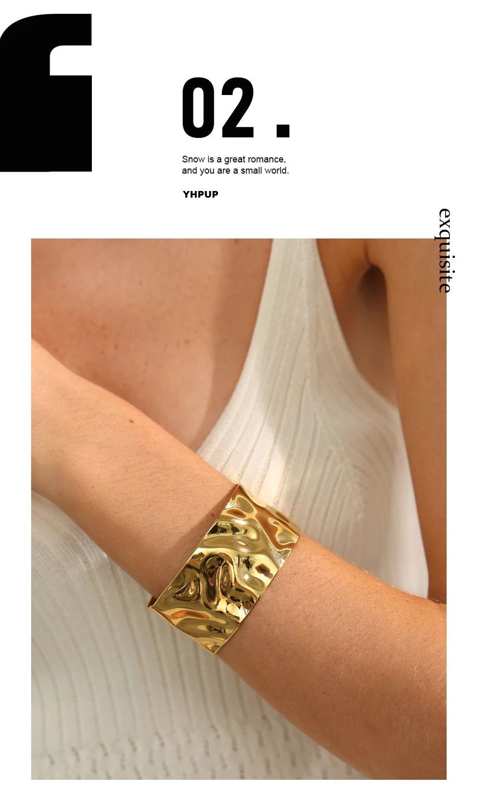 Yhpup Breites großes offenes Armband aus Edelstahl mit Metallmanschette, 18 Karat Gold, PVD-beschichtet, Statement-Wasserdicht, Handgelenkschmuck, Bijoux – Detail 4