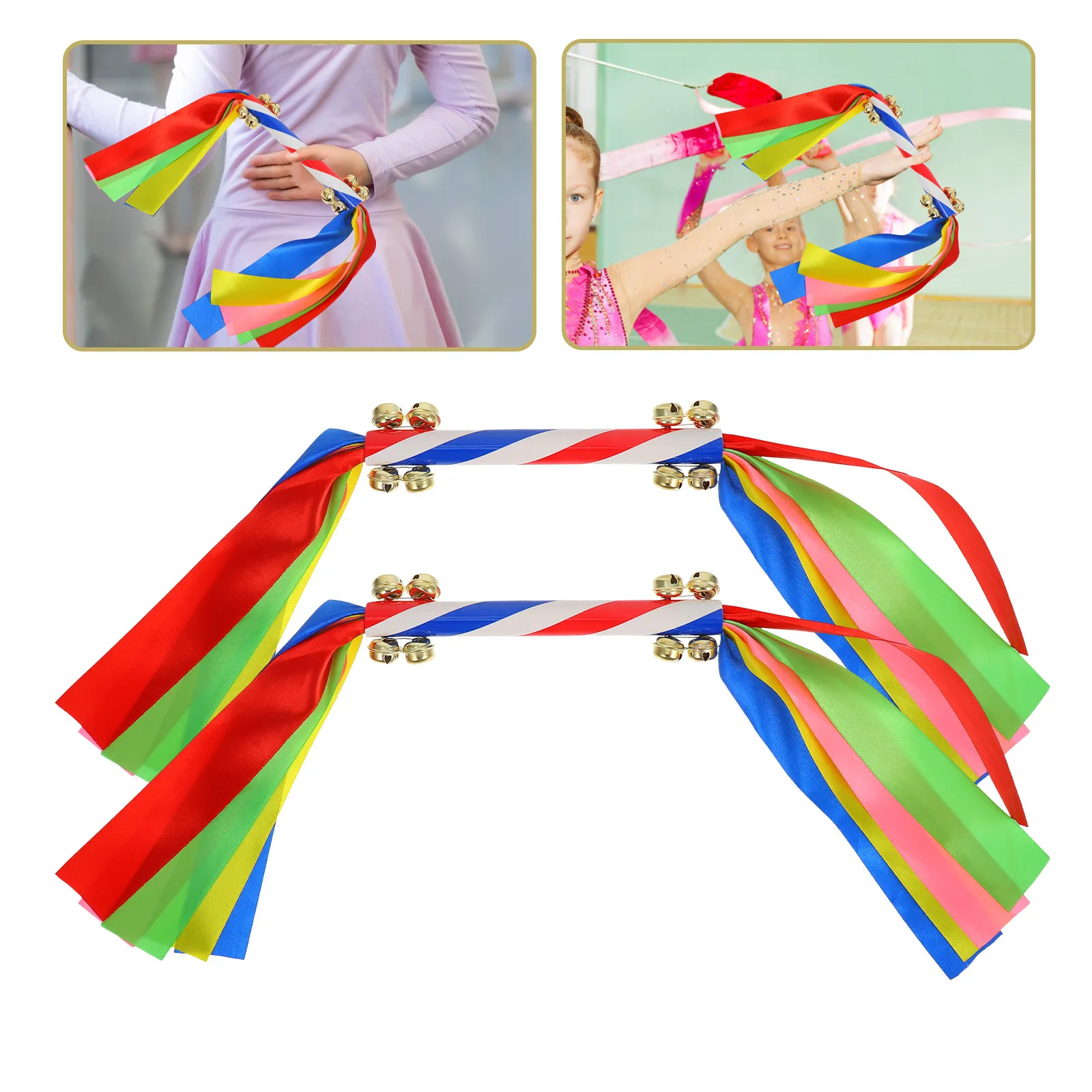 2Pcs Cheering Props Bells Colorful Ribbon Handheld Pom Poms Perfect Fans Cheerleaders Dance Squads Competition Support Shakers