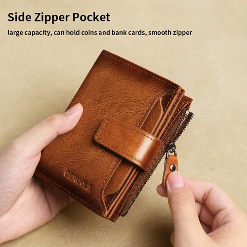 Imagen 2 del producto GERUOLA Cartera de cuero genuino para hombre, cartera plegable antirrobo con bloqueo RFID vintage, ventana de identificación, bolsillo para monedas y cierre con cremallera