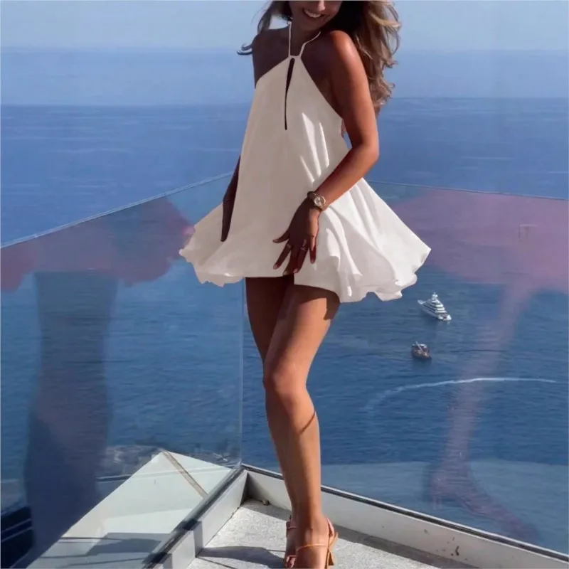 

Sexy Off Shoulder Hanging Strap Loose Mini Dresses Sleeveless Hollow Out Deep V-neck Beach Dress Backless Women Summer Vestidos