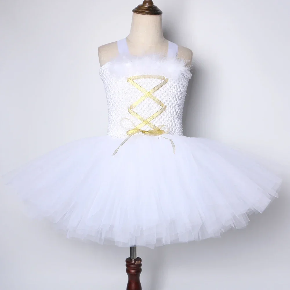 White Guardian Angel Costume for Girls Halloween Carnival Birthday Party Dress Up Kids Feathers Angel Tutu Dress with Wings Set