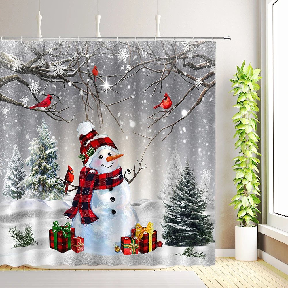 Christmas Shower Curtain Winter Snowman Snowflake Xmas Tree Snowy Forest Deer Red Truck Farmhouse Bathroom Decor Fabric Curtains