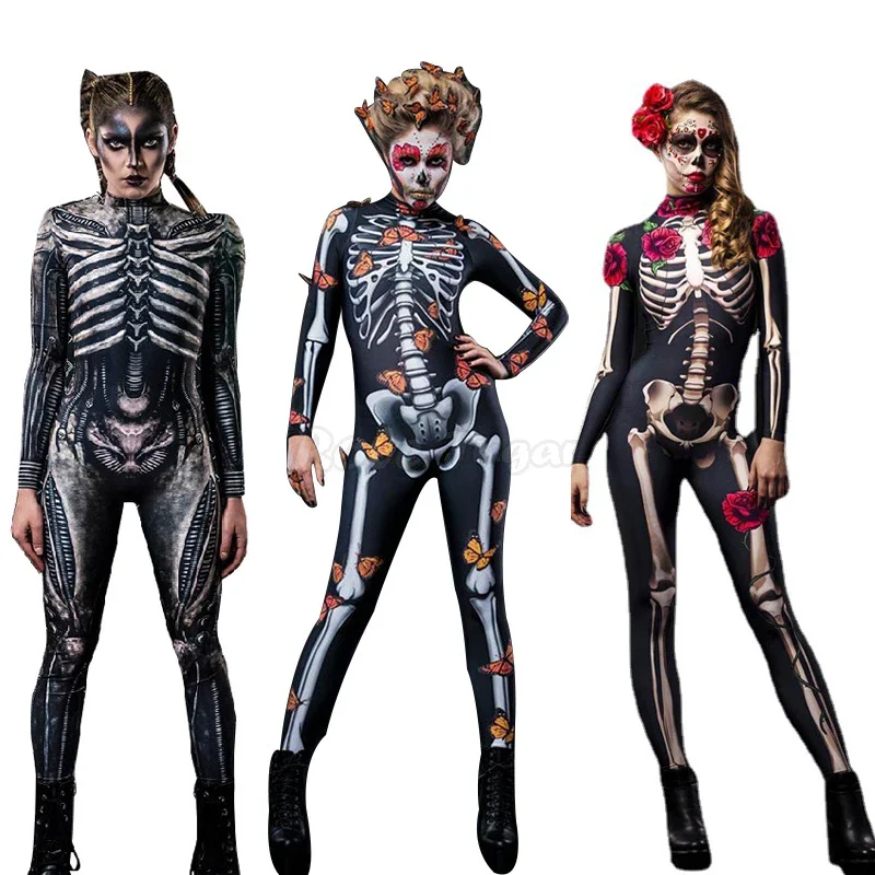 Women Cosplay Human Skeleton Bodysuit Halloween Devil Ghost Specter Jumpsuit Carnival Party Performance Scary Costume C38X34 JS3