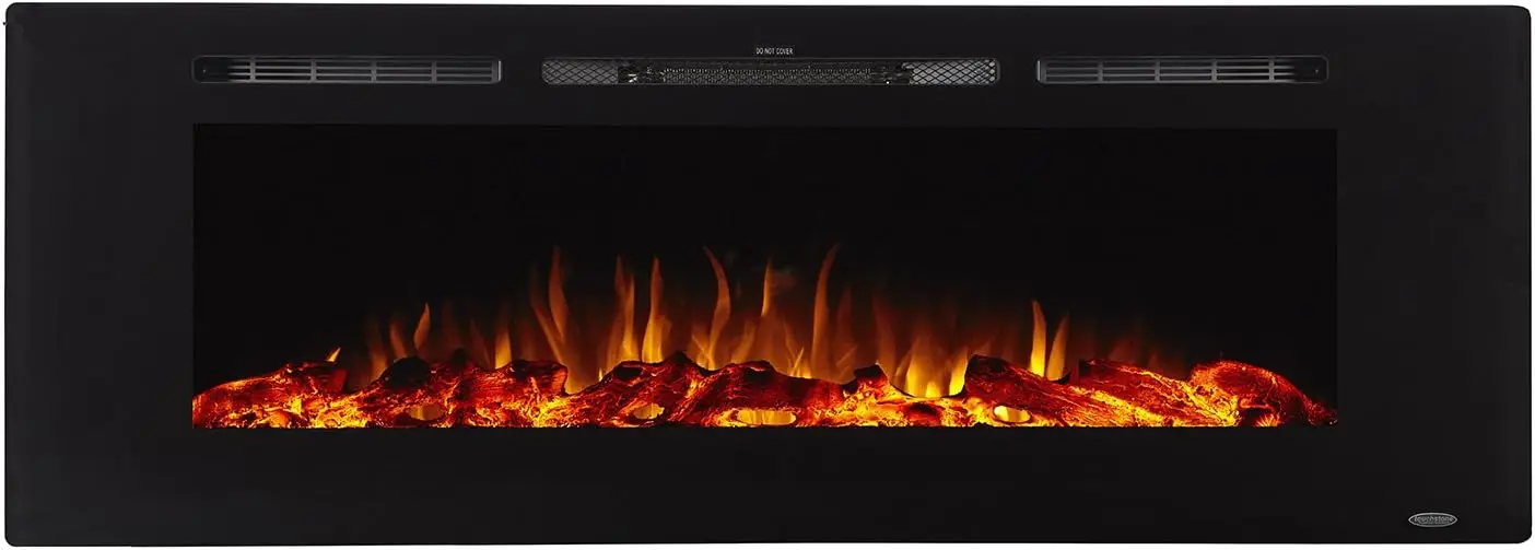 Smart Electric Fireplace 60Inch Wide-in Wall Recessed-30 Realistic Ember Color/Flame Options-1500W Heater w/Thermostat-Black-Log