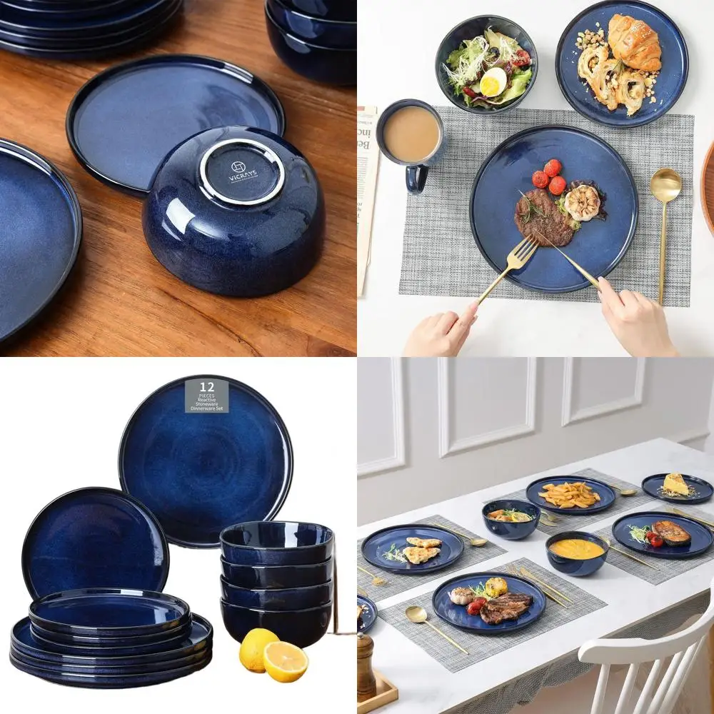 

12-Piece Blue Ceramic Dinnerware Set: Plates, Salad Plates, and Cereal Bowls for 4, Durable, Microwave and Dishwasher Safe