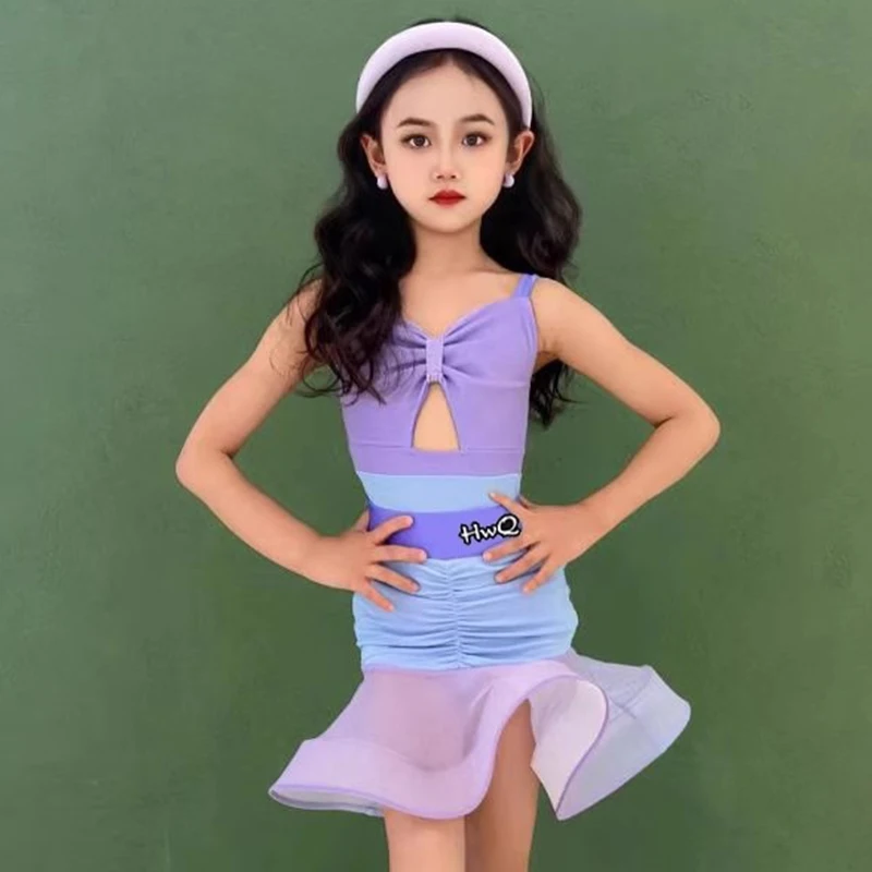 Lila Tanzanzug für lateinamerikanische Performance-Mädchen, Sommer, ärmelloses Oberteil, Rüschenröcke, Rumba, Tango, Trainingskleidung, lateinamerikanisches Kleid 2061