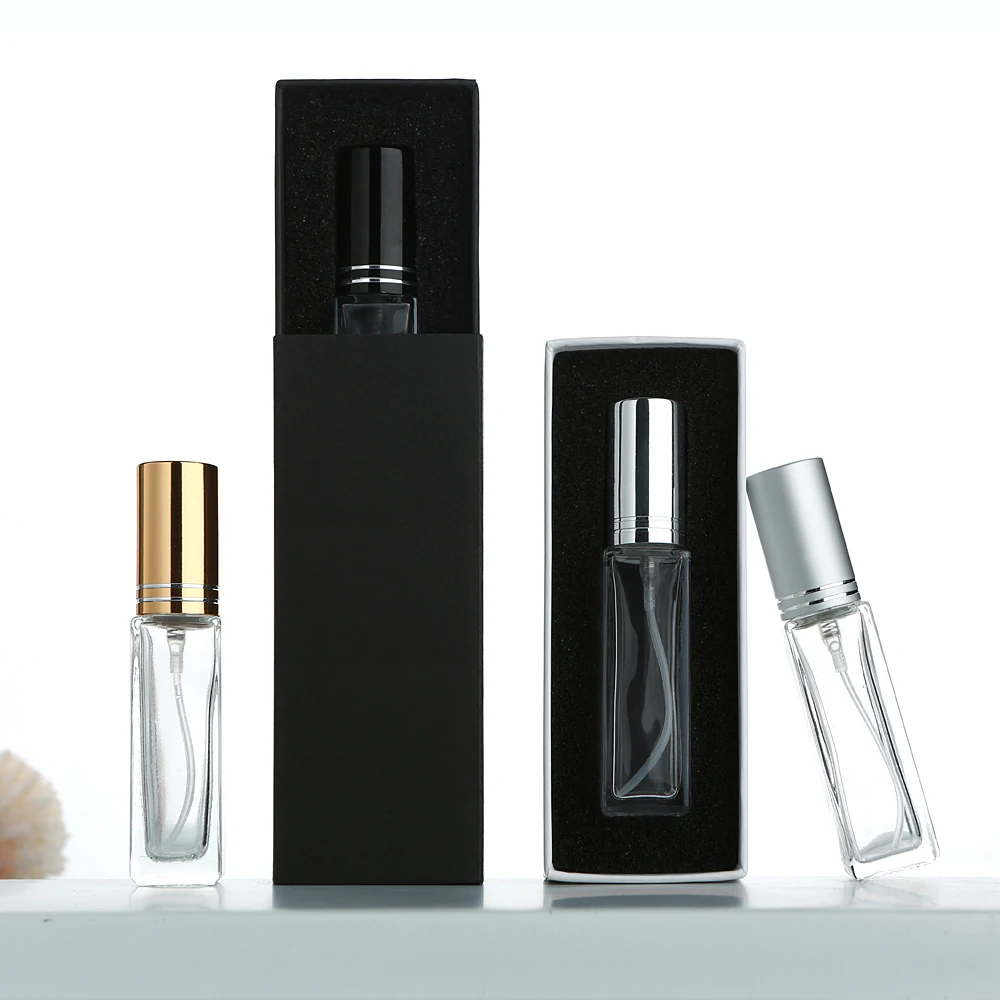 30/40 flaconi di profumo quadrati in vetro trasparente da 10 ml, spruzzatori in alluminio a doppia linea, spray idratanti a pressione, riutilizzabili, con scatole