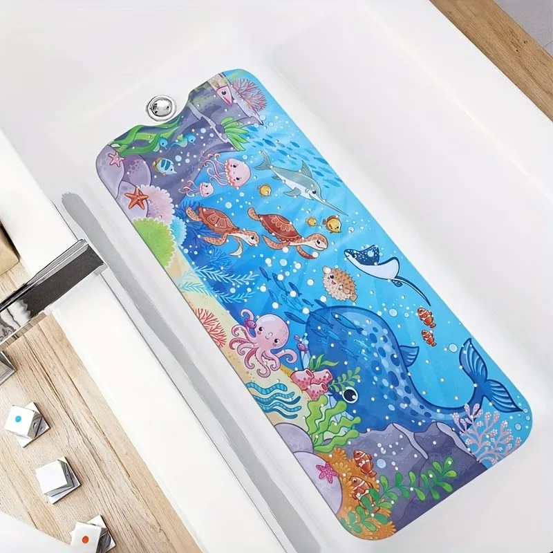Marine Animals Bathtub Mat,Whales Turtles Jellyfish Pattern, Non Slip with Suction Cup and Drain Hole,Under The Sea Party Decor