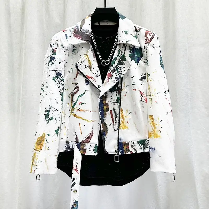 

Джинсовая куртка унисекс с рисунком граффити, уличная одежда, красивый отложной воротник, мотоциклетные джинсы, пальто, ковбойский кардиган на молнии, топы