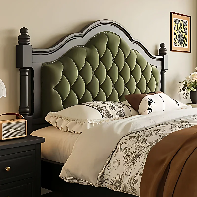 American retro black 1.5m 1.8m 2m solid wood French green flannel soft bag high box storage princess bed
